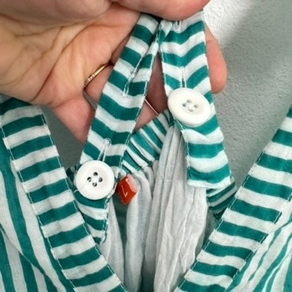 Oliphant Green Striped Mini Dress V Neck Ruffle Sleeve Tiered Cotton Summer - Picture 4 of 9